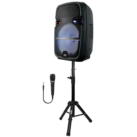 QFX PBX-616SM 15" Bluetooth Rechargeable Speaker with LED Lights, Mic and Stand