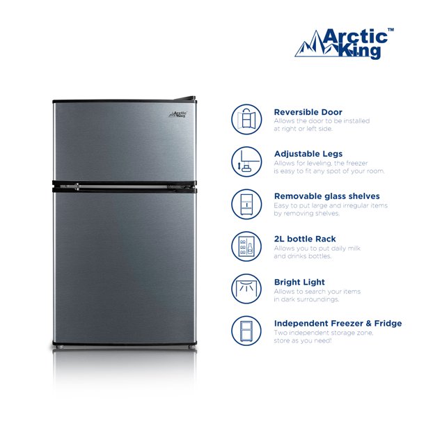 Arctic King 3.2 Cu ft Two Door Mini Fridge with Freezer - Stainless Steel