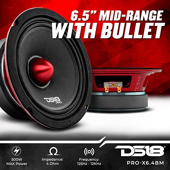 DS18 PRO-X6.4BM Loudspeaker 6.5" Midrange, Red Aluminum Bullet 500W Max