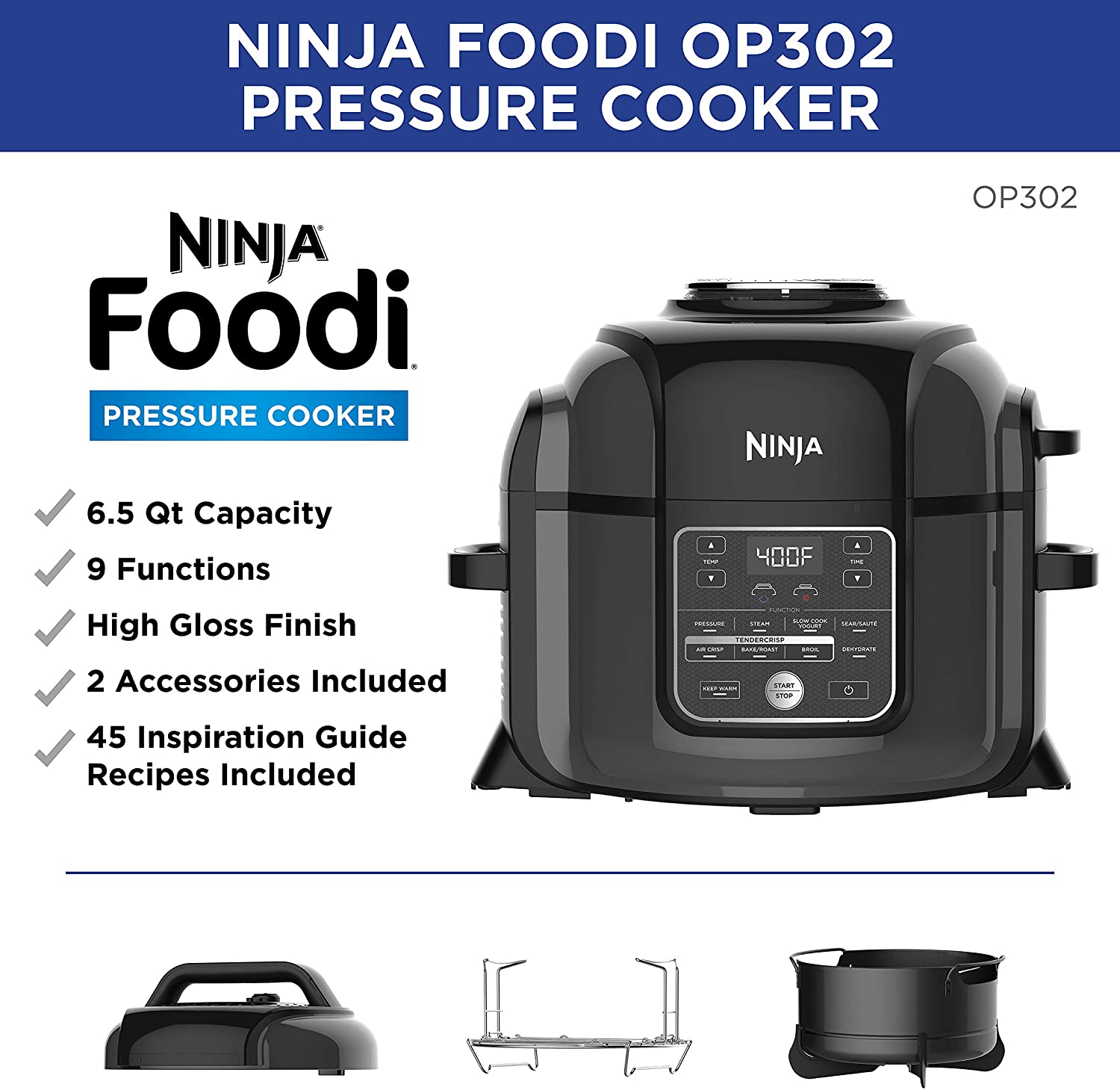 Ninja OP302 Foodi 9-in-1 Pressure, Broil, Dehydrate, Slow Cooker, Air Fryer(Refurbished)