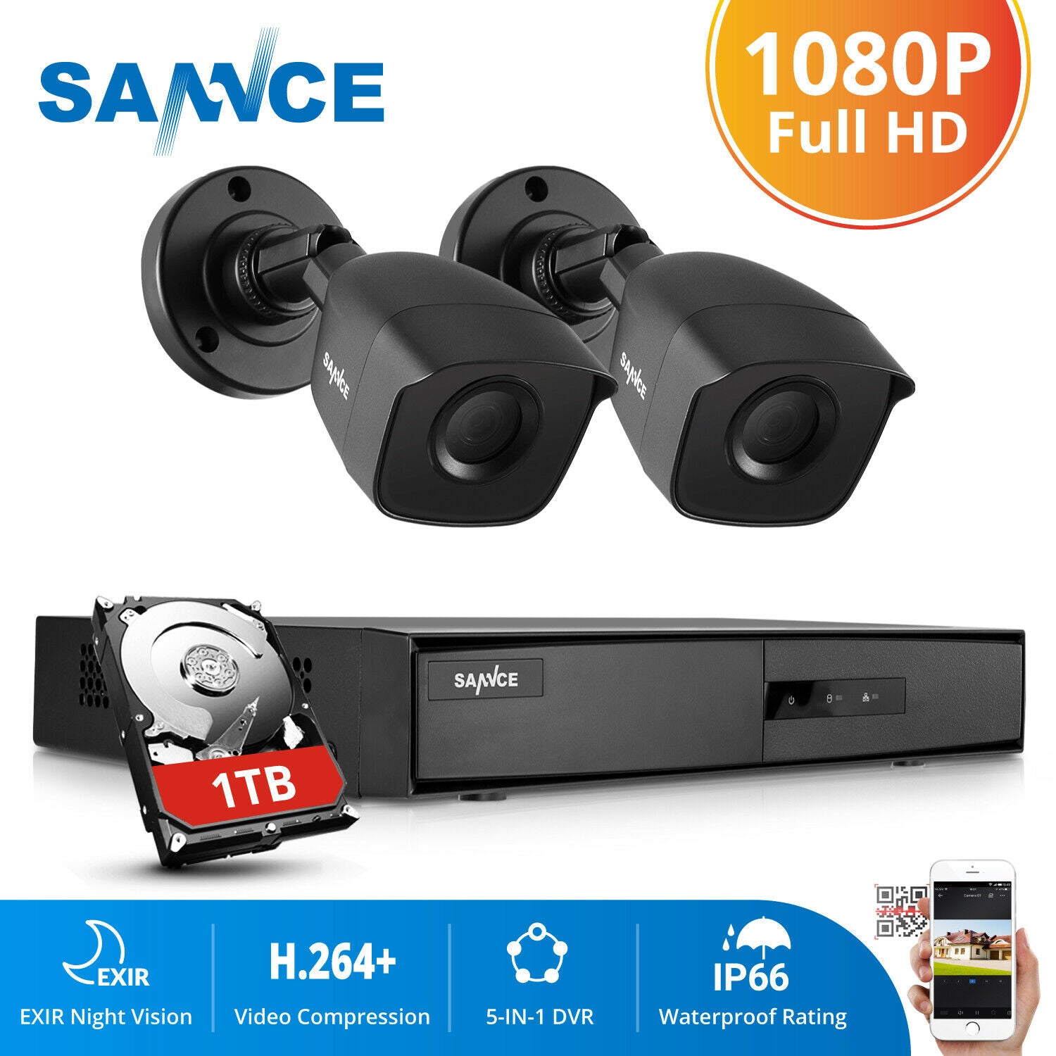 SANNCE 1080P Video Wired Security 2 Camera System, 4CH 5in1 DVR Home Night Outdoor